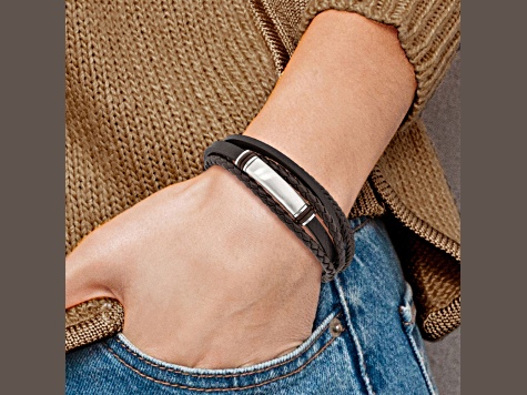 Brown Rubber and Stainless Steel Brushed 8-inch with 0.5-inch Extension Bracelet