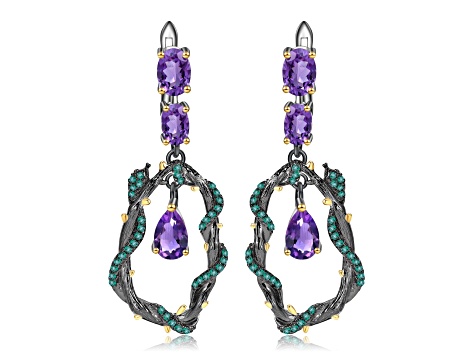 Amethyst and Green Nanocrystal Black Rhodium Over Sterling Silver Earrings