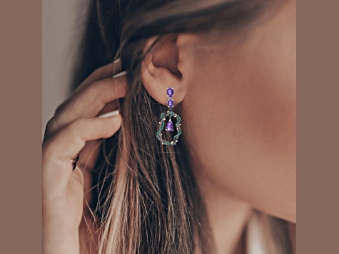 Amethyst and Green Nanocrystal Black Rhodium Over Sterling Silver Earrings