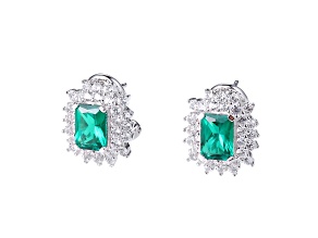 Green Lab Created Emerald Rhodium Over Sterling Silver Earrings