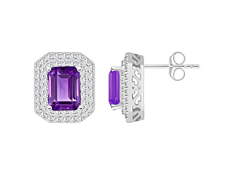 8x6mm Emerald Cut Amethyst And White Topaz Accent Rhodium Over Sterling Silver Double Halo Earrings