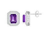 8x6mm Emerald Cut Amethyst And White Topaz Accent Rhodium Over Sterling Silver Double Halo Earrings