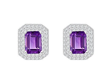 8x6mm Emerald Cut Amethyst And White Topaz Accent Rhodium Over Sterling Silver Double Halo Earrings