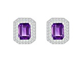 8x6mm Emerald Cut Amethyst And White Topaz Accent Rhodium Over Sterling Silver Double Halo Earrings