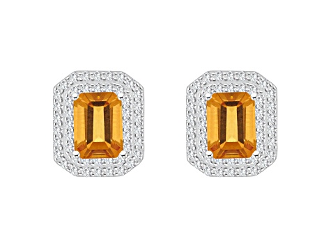 8x6mm Emerald Cut Citrine And White Topaz Accent Rhodium Over Sterling Silver Double Halo Earrings