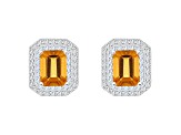 8x6mm Emerald Cut Citrine And White Topaz Accent Rhodium Over Sterling Silver Double Halo Earrings