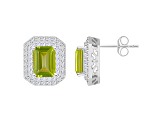 8x6mm Emerald Cut Peridot And White Topaz Accent Rhodium Over Sterling Silver Double Halo Earrings
