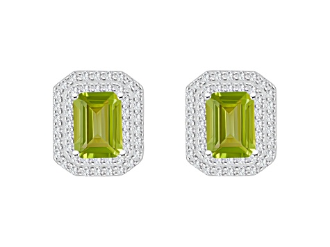 8x6mm Emerald Cut Peridot And White Topaz Accent Rhodium Over Sterling Silver Double Halo Earrings