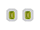 8x6mm Emerald Cut Peridot And White Topaz Accent Rhodium Over Sterling Silver Double Halo Earrings