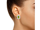 8x6mm Emerald Cut Peridot And White Topaz Accent Rhodium Over Sterling Silver Double Halo Earrings