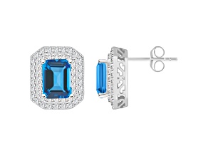 8x6mm Emerald Cut Swiss Blue Topaz And White Topaz Rhodium Over Sterling Silver Double Halo Earrings
