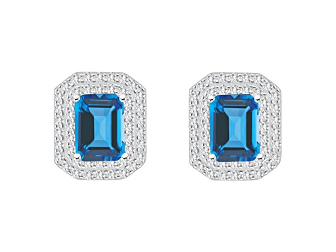 8x6mm Emerald Cut Swiss Blue Topaz And White Topaz Rhodium Over Sterling Silver Double Halo Earrings