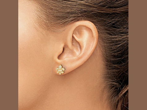 14k Yellow Gold and Rhodium Over 14k Yellow Gold Diamond 10mm Fleur de Lis Stud Earrings