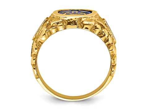10K Yellow Gold Men's Nugget Texture and Lab Created Sapphire Masonic Ring