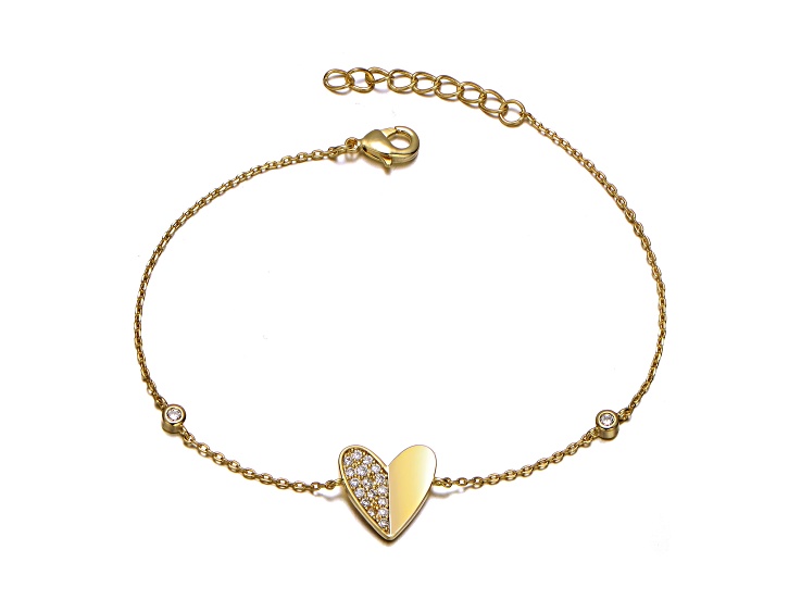 Clear Cubic Zirconia, Teens 14k Gold Plated over Brass Heart Station Charm Bracelet