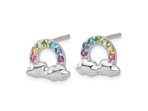 Rhodium Over Sterling Silver Crystal Rainbow and Clouds Children's Post Earrings