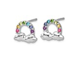 Rhodium Over Sterling Silver Crystal Rainbow and Clouds Children's Post Earrings