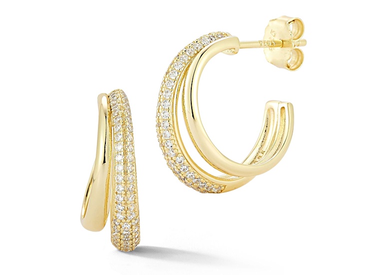 Rachel Zoe 14K Yellow Gold Over Sterling Silver Pave and Polished Double Hoop Earrings