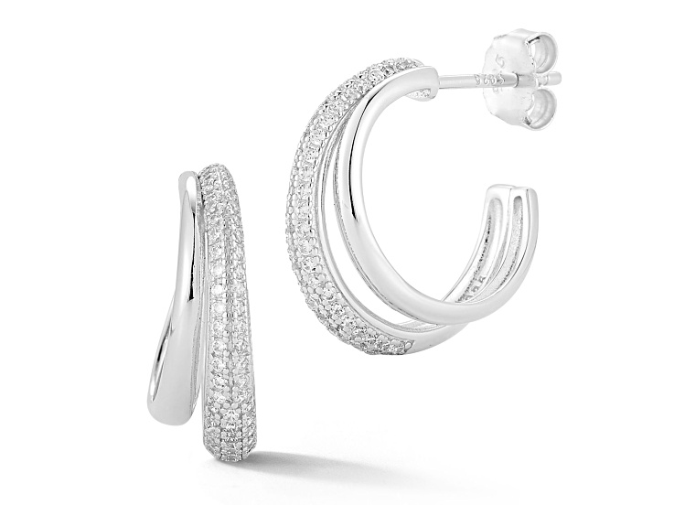 Rachel Zoe Rhodium Over Sterling Silver Pave and Polished Double Hoop Earrings