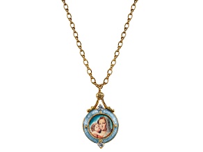 1928 Jewelry Gold Tone Blue Enamel Mary and Child Locket Necklace