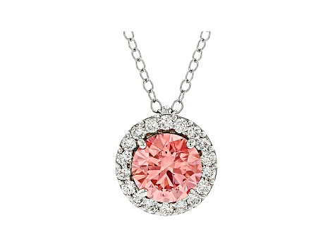 Pink & White Lab-Grown Diamond 14k White Gold Halo Pendant 1.50ctw