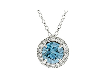 Picture of Round blue and white lab-grown diamond, 14k white gold halo pendant 1.50ctw.
