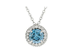 Round blue and white lab-grown diamond, 14k white gold halo pendant 1.50ctw.