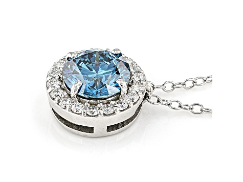 Blue & White Lab-Grown Diamond 14k White Gold Halo Pendant 1.50ctw