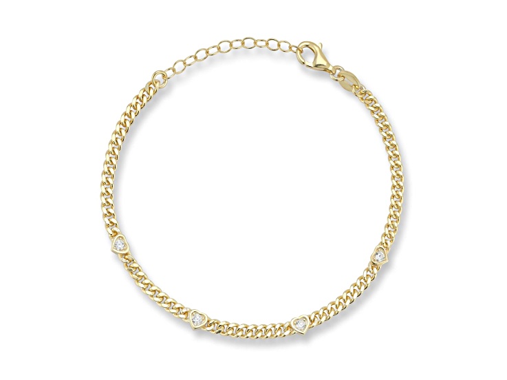 Sterling Statements 14K Yellow Gold Over Sterling Silver Heart CZ Station Curb Chain Bracelet