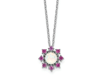 Picture of Rhodium Over Sterling Silver Lab Created Opal and Pink Crystal Flower Necklace