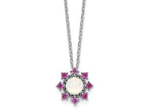 Rhodium Over Sterling Silver Lab Created Opal and Pink Crystal Flower Necklace