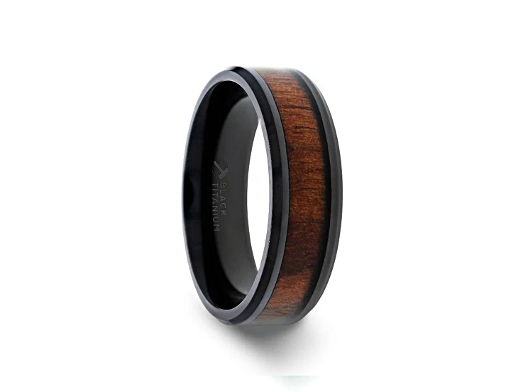 KONY Black Titanium Polished Beveled Edges Black Walnut Wood Inlaid Men's Wedding Ring 6mm