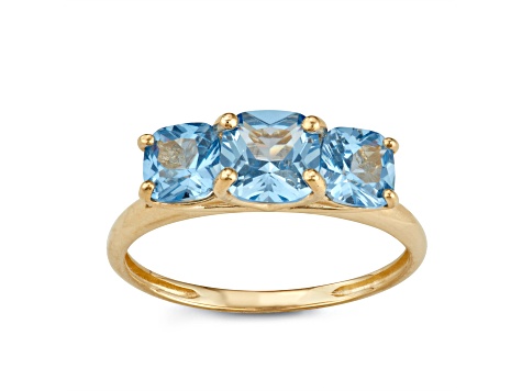 Square Cushion Lab Created Blue Spinel 3-Stone 10K Yellow Gold Ring 1.95ctw