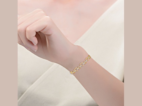 Clear Cubic Zirconia, Rhodium & 14K Gold Plated Sterling Silver Heart Bracelet