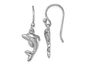 Rhodium Over Sterling Silver Polished Crystal Dolphin Dangle Earrings
