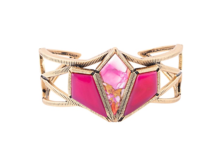 Barse Jewelry Pink Agate and Coral Matrix Gold Tone Cuff Bracelet