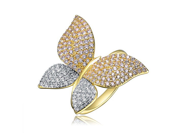 Two-Tone Rhodium & 14K Gold Plated over Brass with Clear Cubic Zirconia Large Garden Butterfly Ring