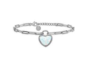 Rhodium Over Sterling Silver Lab Created Opal Heart Paperclip Link with 1-inch Extension Bracelet