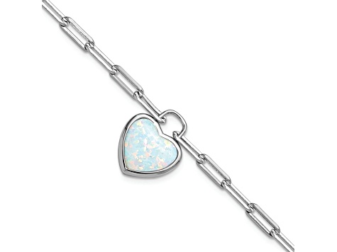 Rhodium Over Sterling Silver Lab Created Opal Heart Paperclip Link with 1-inch Extension Bracelet