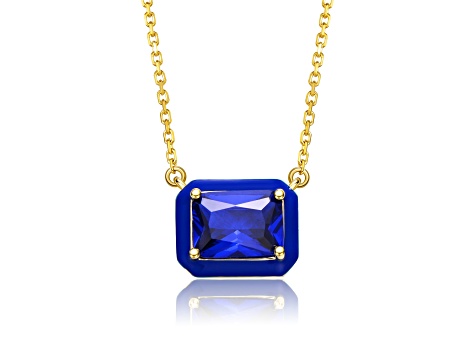 Sapphire Blue Cubic Zirconia, Teens 14k Gold Plated over Brass Blue Enamel Pendant Necklace