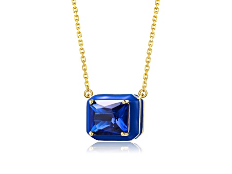 Sapphire Blue Cubic Zirconia, Teens 14k Gold Plated over Brass Blue Enamel Pendant Necklace