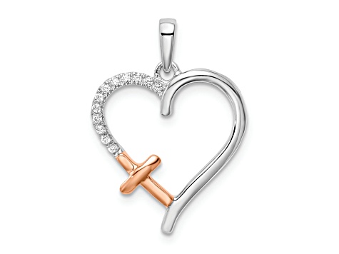 14K White and Rose Gold Heart with Cross Diamond Pendant