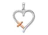 14K White and Rose Gold Heart with Cross Diamond Pendant
