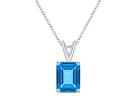 10x8mm Emerald Cut Blue Topaz 14k White Gold Pendant With Chain