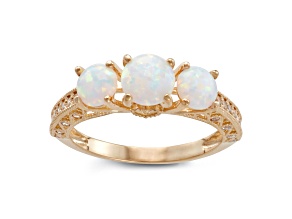 Lab Created Round Opal and White Sapphire 3-Stone Filigree 10K Yellow Gold Ring 0.87ctw