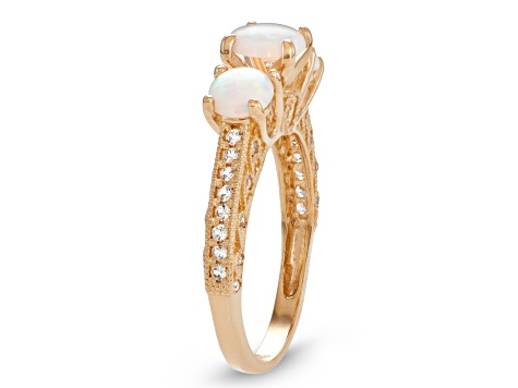 Lab Created Round Opal and White Sapphire 3-Stone Filigree 10K Yellow Gold Ring 0.87ctw