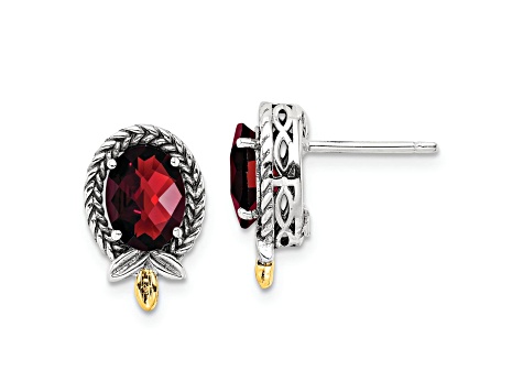 Sterling Silver with 14K Accent Antiqued Braided Oval Garnet Post Earrings