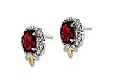Sterling Silver with 14K Accent Antiqued Braided Oval Garnet Post Earrings