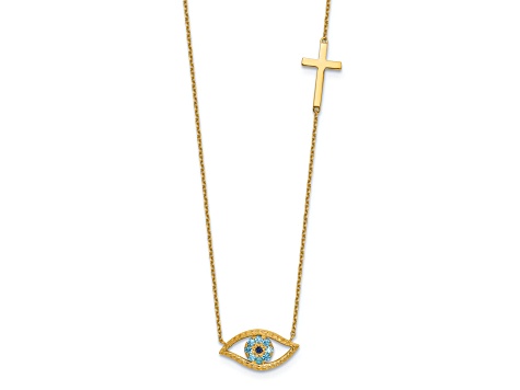 14K Yellow Gold Polished Cubic Zirconia Evil Eye and Cross 18-inch with 2-inch Extension Necklace