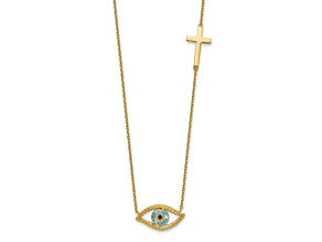 14K Yellow Gold Polished Cubic Zirconia Evil Eye and Cross 18-inch with 2-inch Extension Necklace